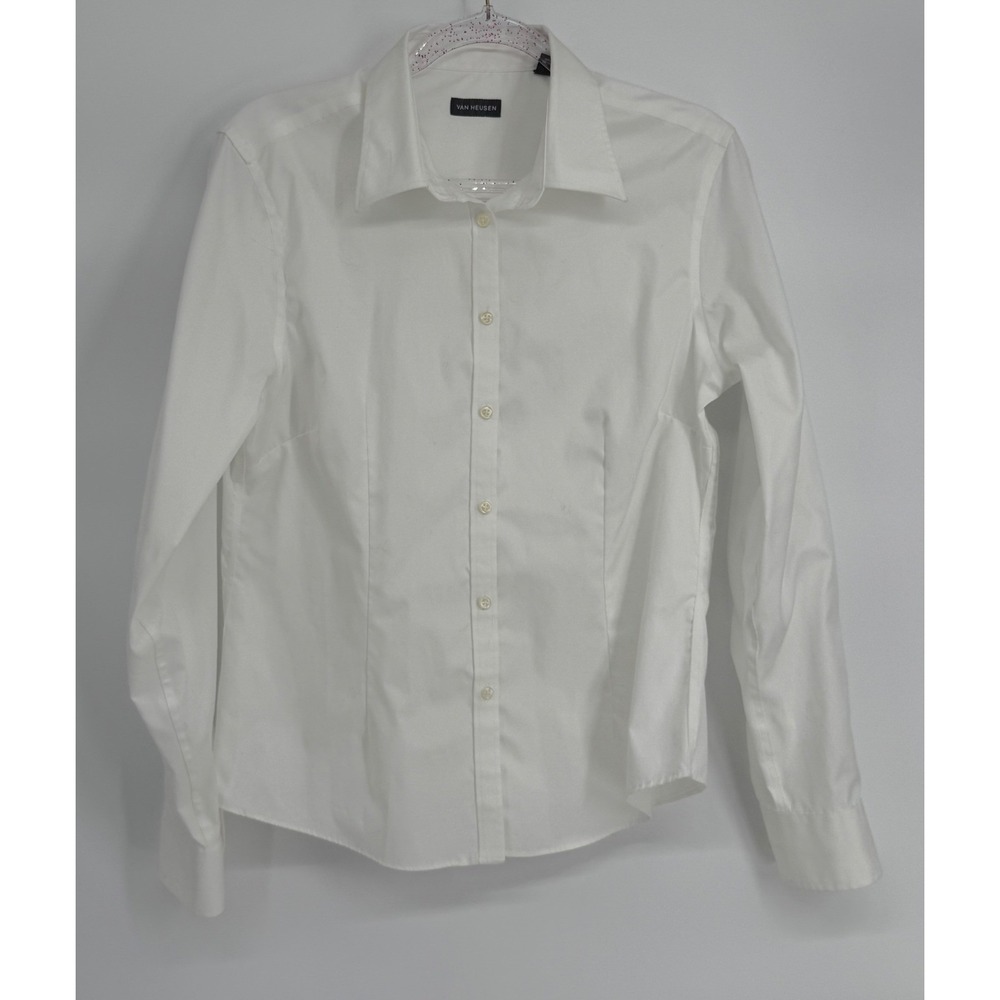 Van Heusen Womens White Non Iron Button Down Shirt Sz L 12-14 Long Sleeve